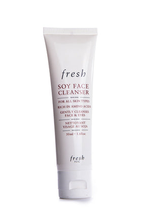 Fresh soy face cleanser front bottle showing label and travel size, convenient for trips