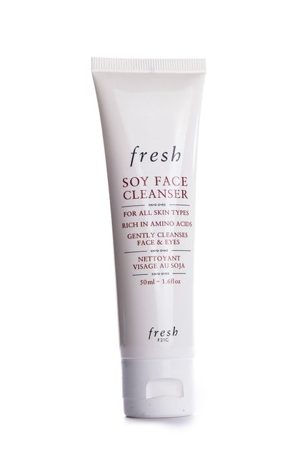 Fresh soy face cleanser front bottle showing label and travel size, convenient for trips