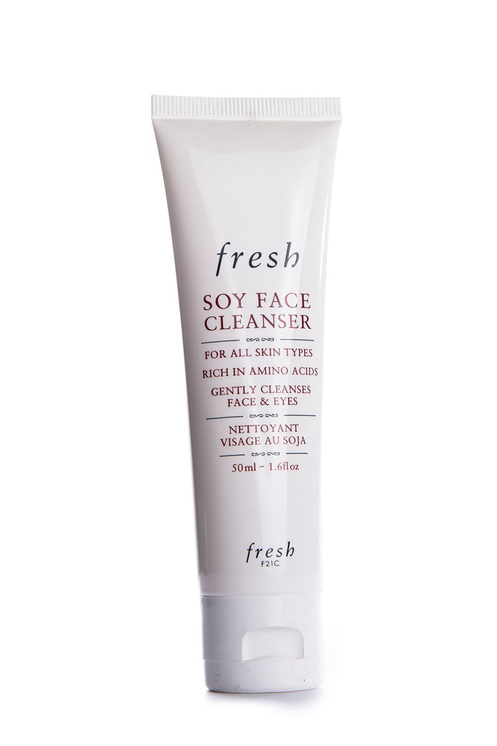 Fresh soy face cleanser front bottle showing label and travel size, convenient for trips