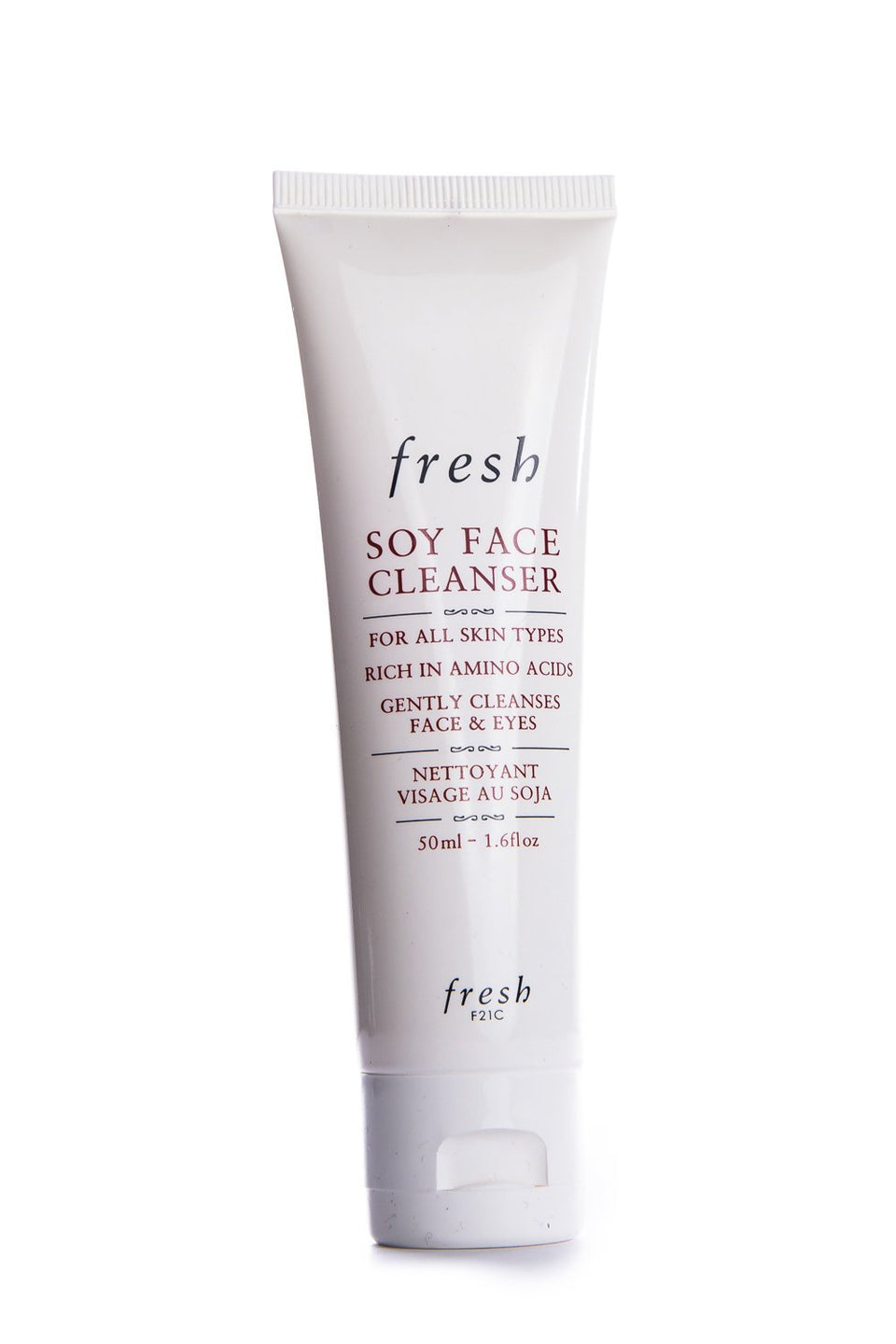 Fresh soy face cleanser front bottle showing label and travel size, convenient for trips