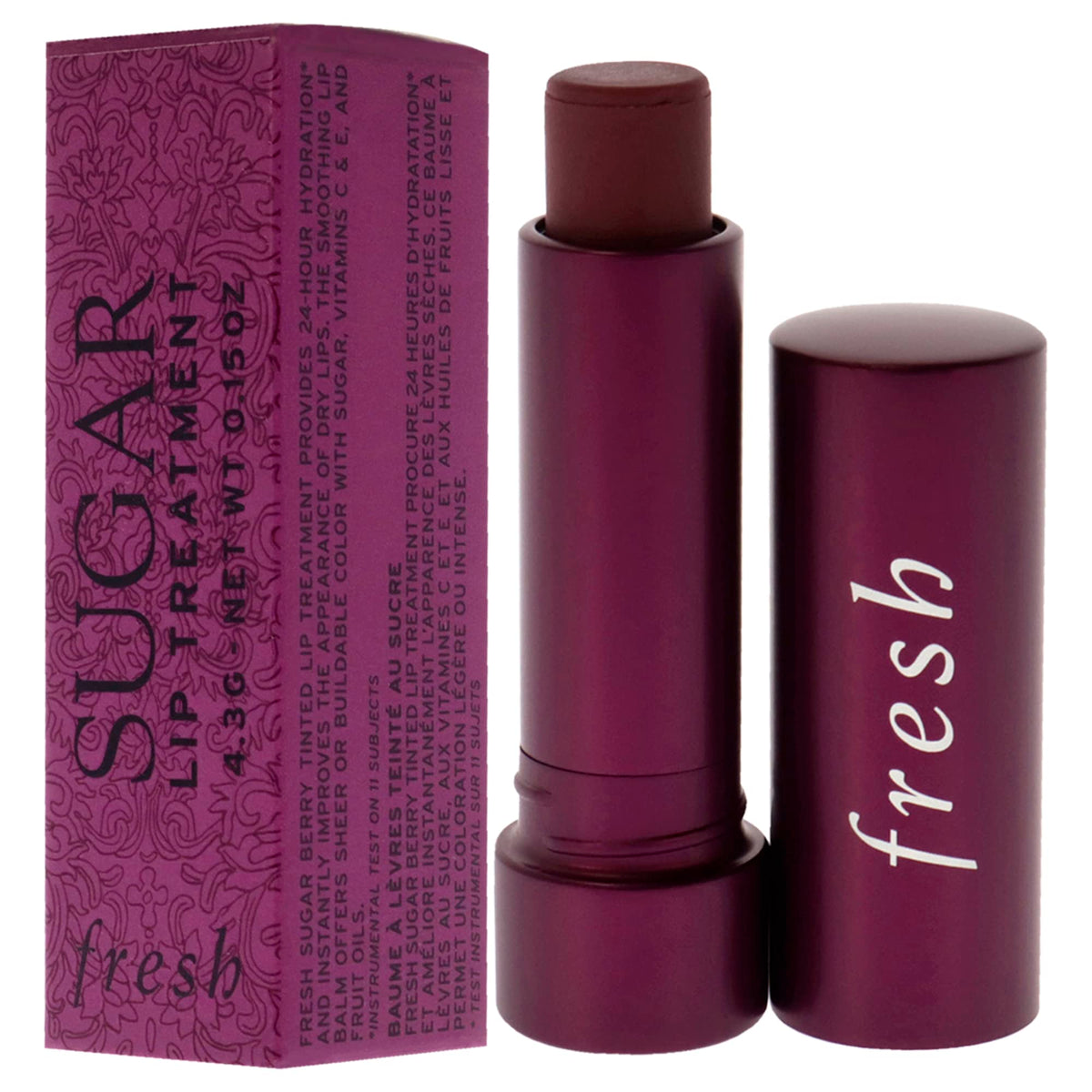 Fresh Sugar Lip Treatment berry applied on lips in daylight showing natural tint benefit