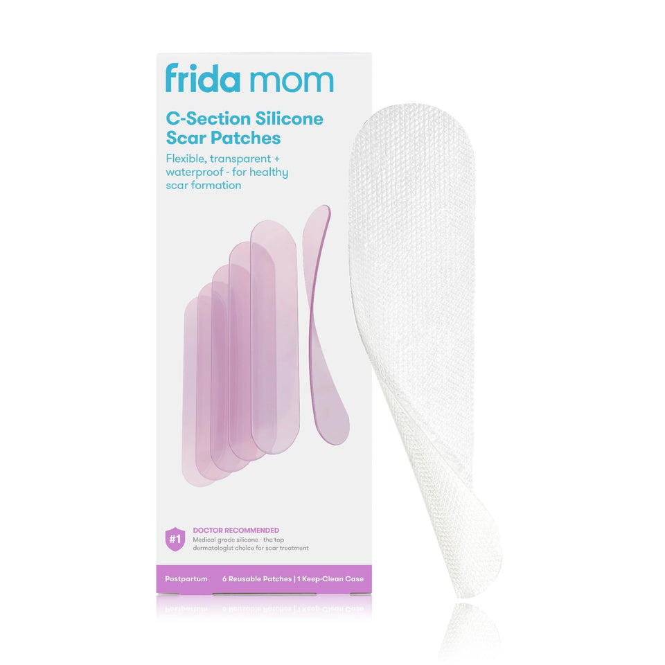 Frida Mom front packaging showing six 8-inch silicone scar strips and benefits