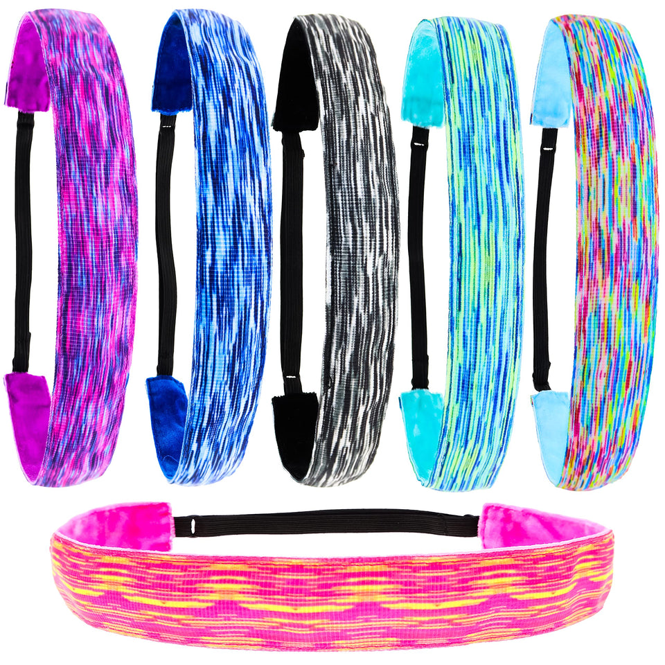 FROG SAC front display showing six space dye headbands and colorful styles