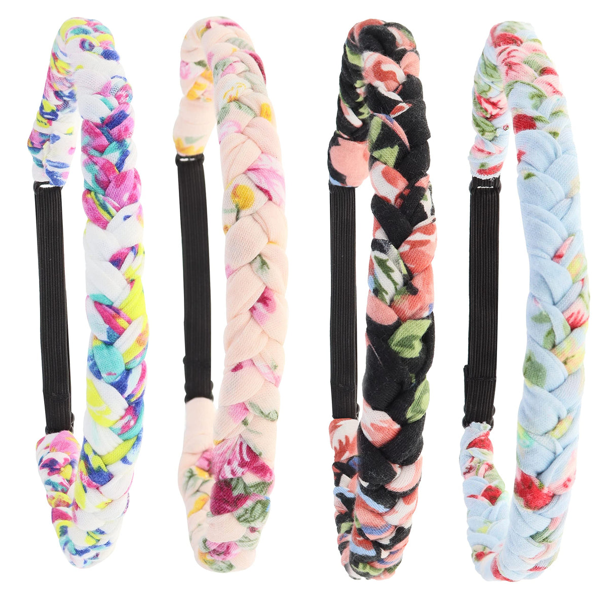 FROG SAC front view of four floral headbands showcasing colors and styles