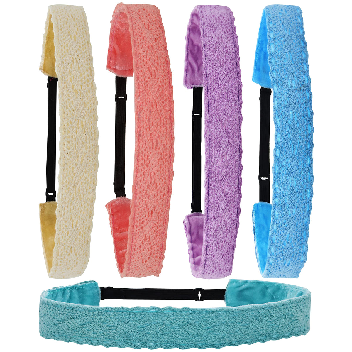 FROG SAC front view of five pastel lace headbands showcasing colors and packaging