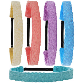 FROG SAC front view of five pastel lace headbands showcasing colors and packaging
