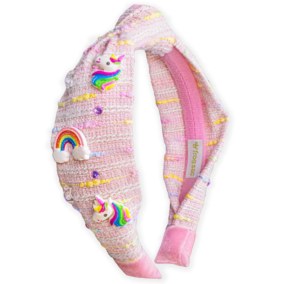 FROG SAC front view of light pink knotted headband showing full design and charm benefit