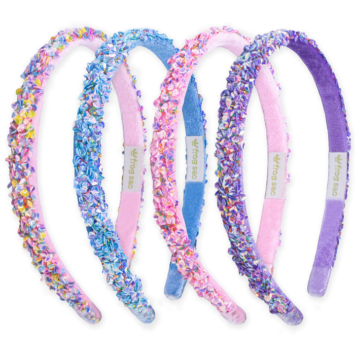 FROG SAC front pack showing four sequin headbands and colorful variety benefits
