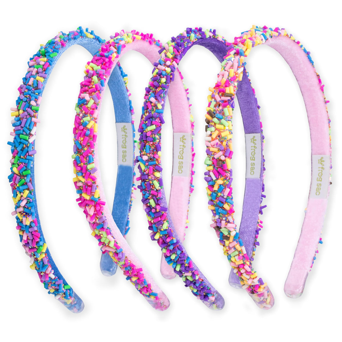 FROG SAC front pack of four sequin headbands showing multicolor value and sparkle