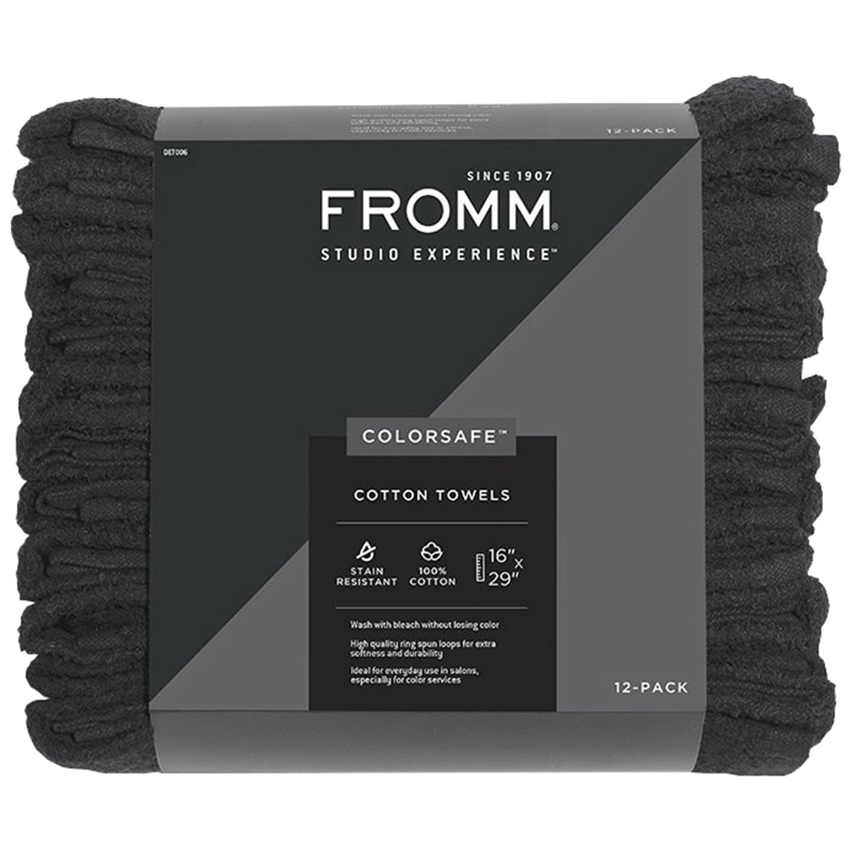 Fromm front packaging showing black 12-pack towels and professional branding benefits durability