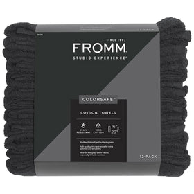 Fromm front packaging showing black 12-pack towels and professional branding benefits durability