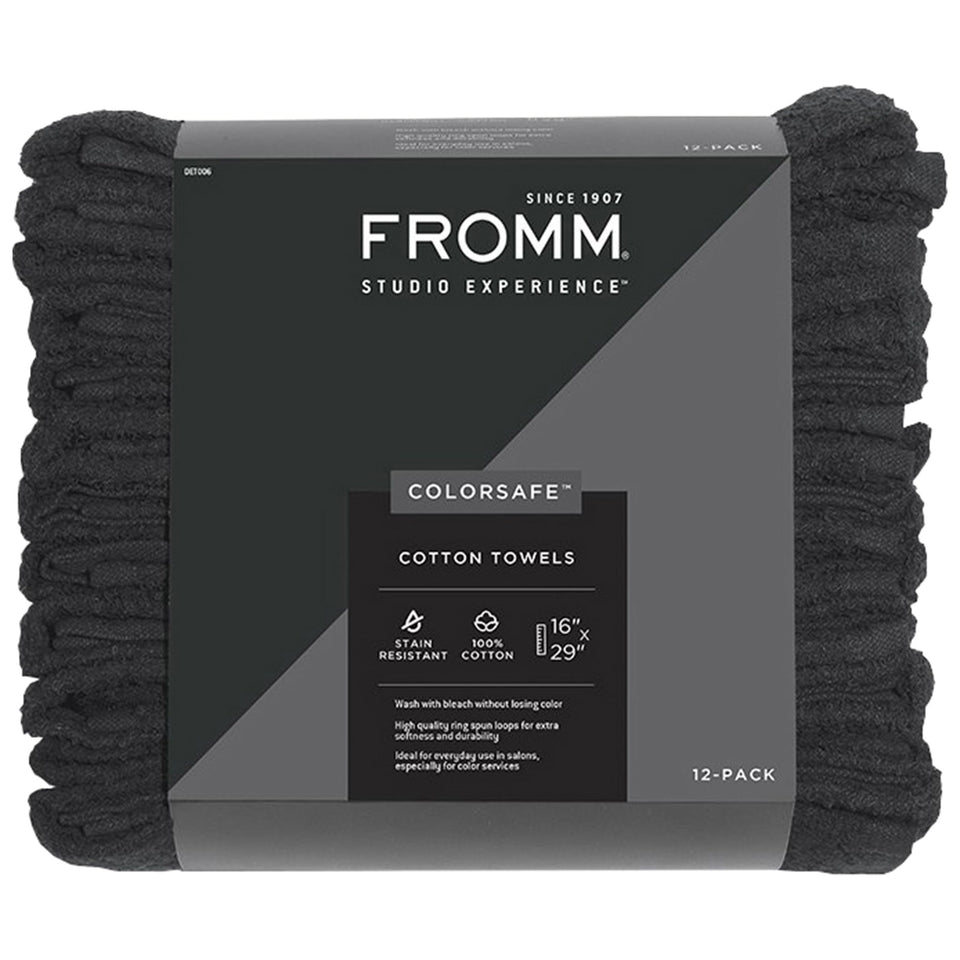 Fromm front packaging showing black 12-pack towels and professional branding benefits durability