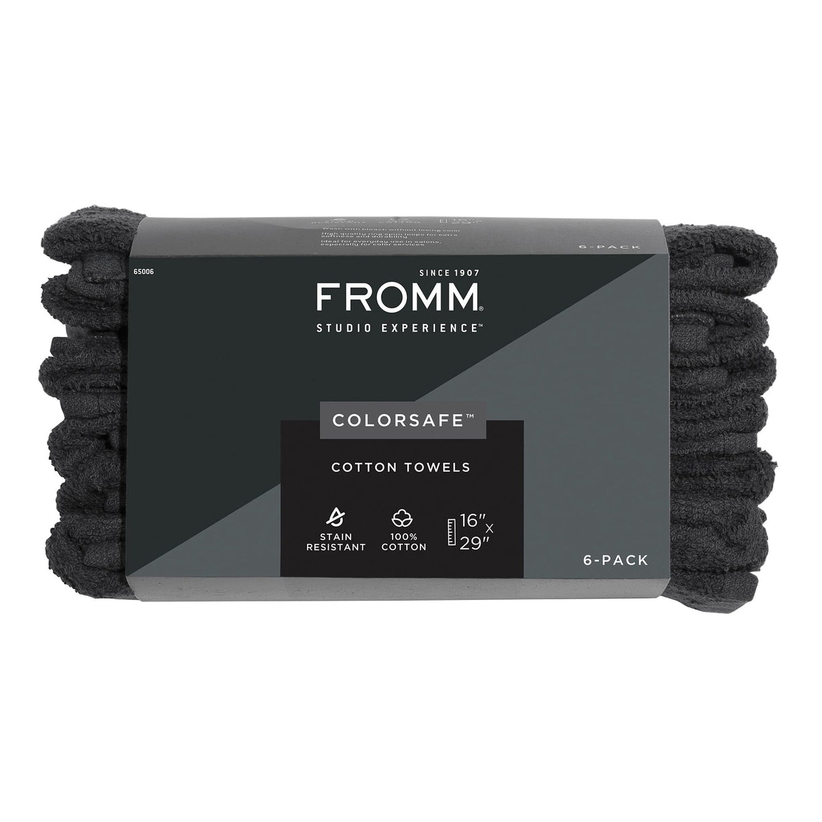Fromm black towels front packaging showing six-pack and professional quality