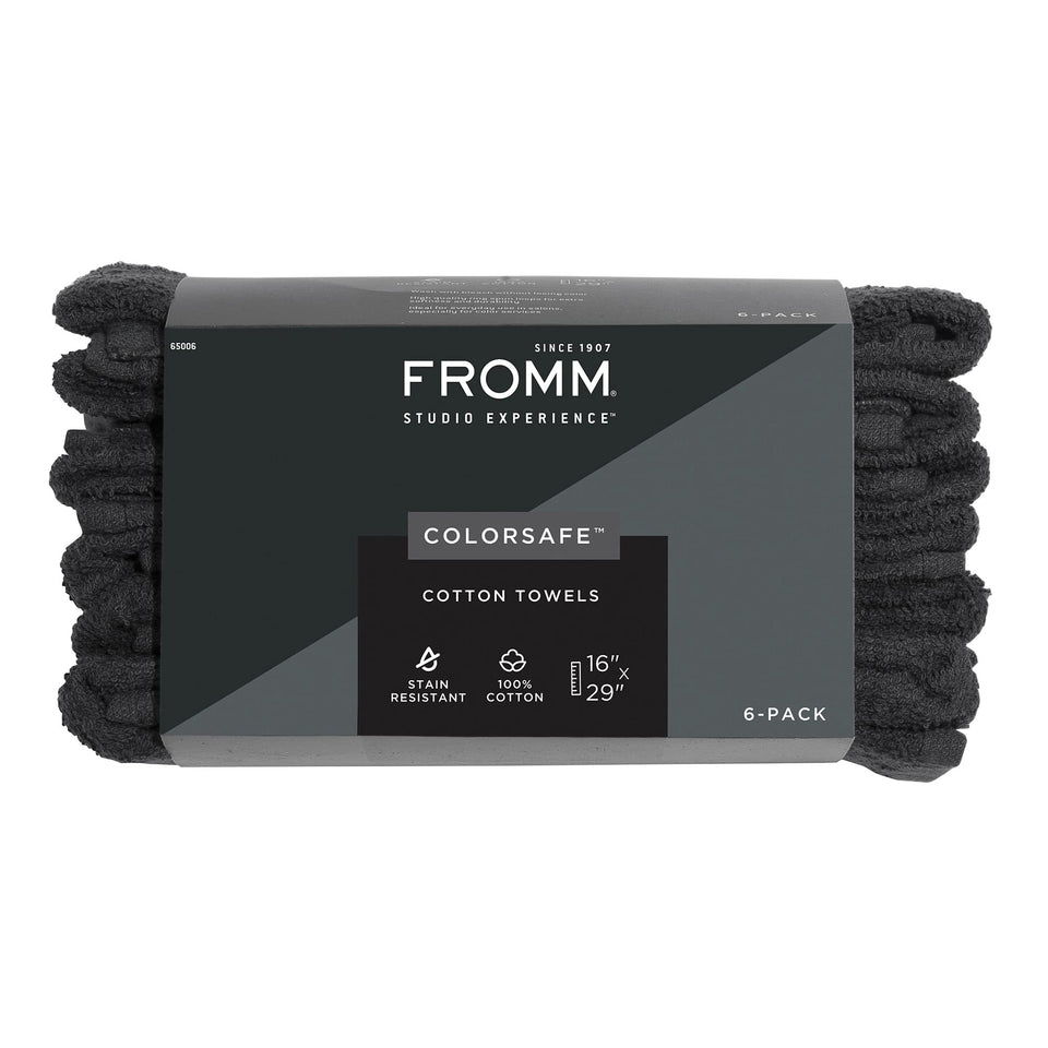 Fromm black towels front packaging showing six-pack and professional quality