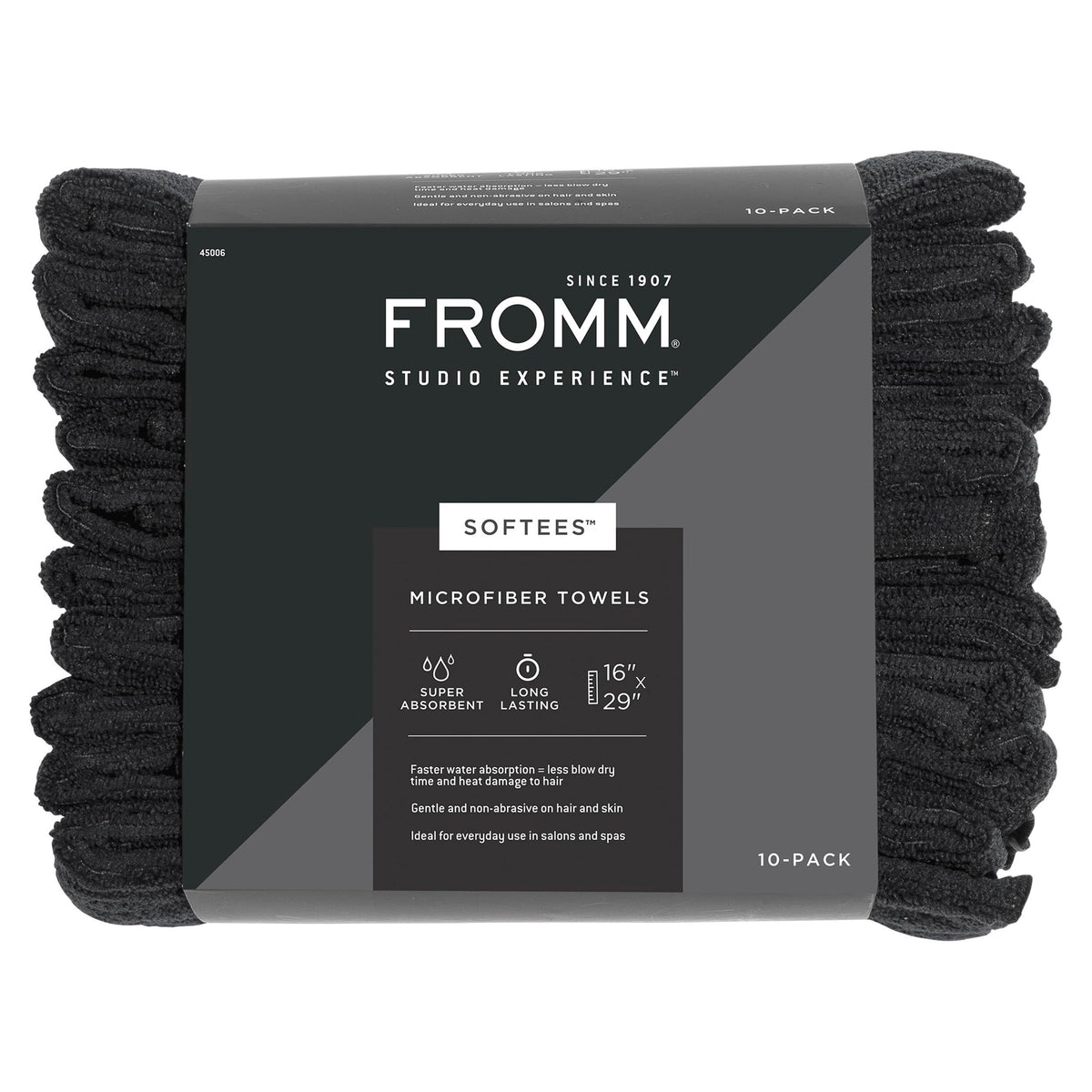 Fromm Softees front packaging showing 10-pack and black towels for salon efficiency