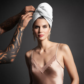 Fromm towel wrapped on model demonstrating fast-drying benefit