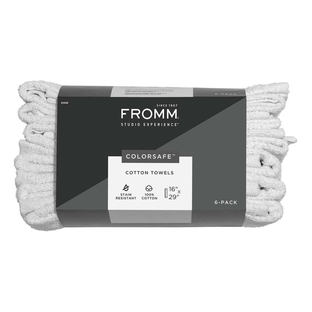 Fromm front packaging showing six white ColorSafe towels and brand clarity