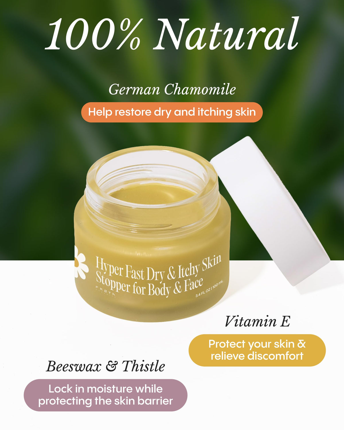 FRØYA balm being applied on hand to quickly relieve itch