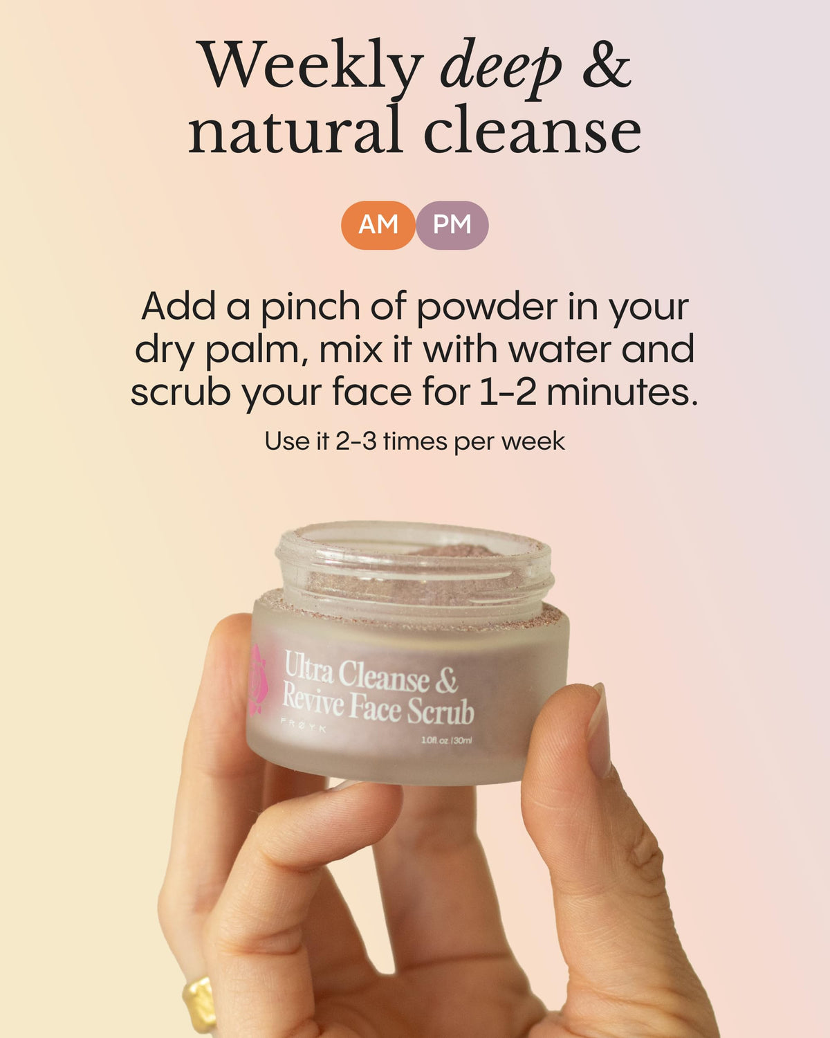 FRØYA mixing powder in palm to create paste, allowing controlled exfoliant consistency