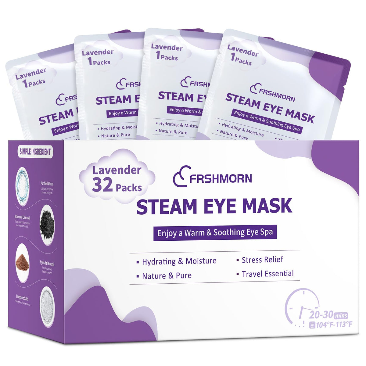 FRSHMORN front packaging showing lavender 32-pack and clear branding for convenience