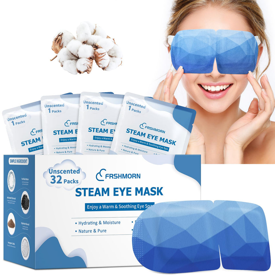 FRSHMORN front packaging showing 32 steam eye masks and benefits