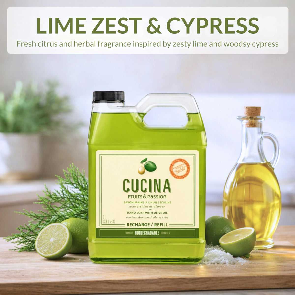 Fruits and Passion label closeup highlighting lime zest and cypress scent notes benefit: ingredient clarity
