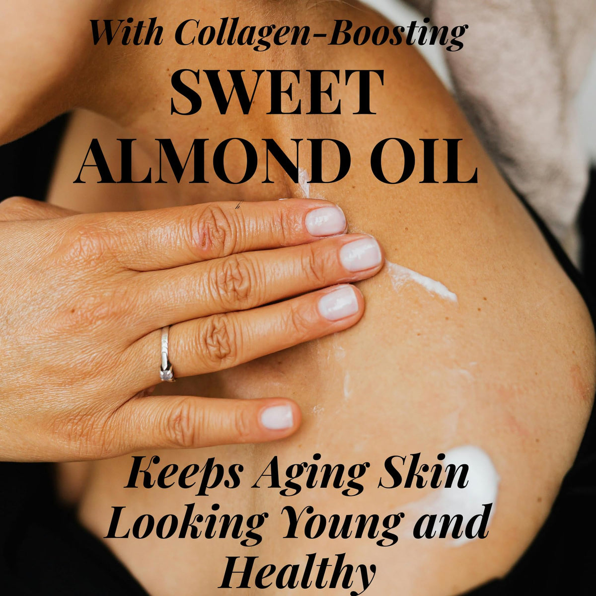 Fruits of the Spirit bottle beside almonds and coconut highlighting nourishing oils