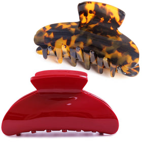 Fsmiling front packaging showing two large tortoise and red clips, stylish storage benefit