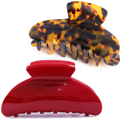 Fsmiling front packaging showing two large tortoise and red clips, stylish storage benefit