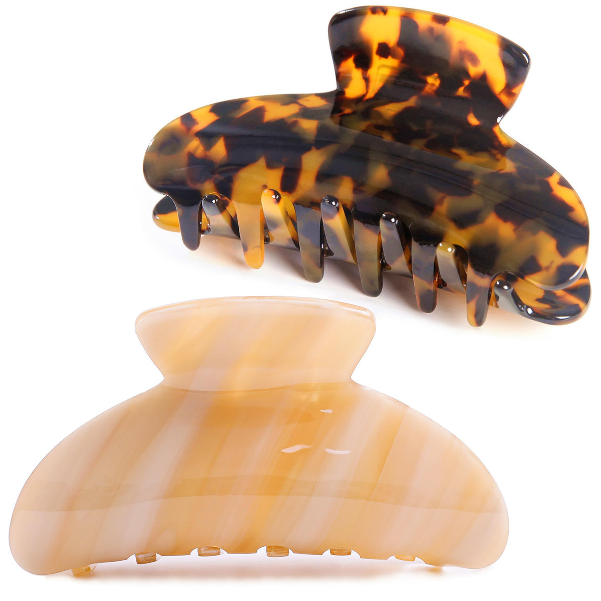 Fsmiling front view of large claw clip showing secure hold and chic style