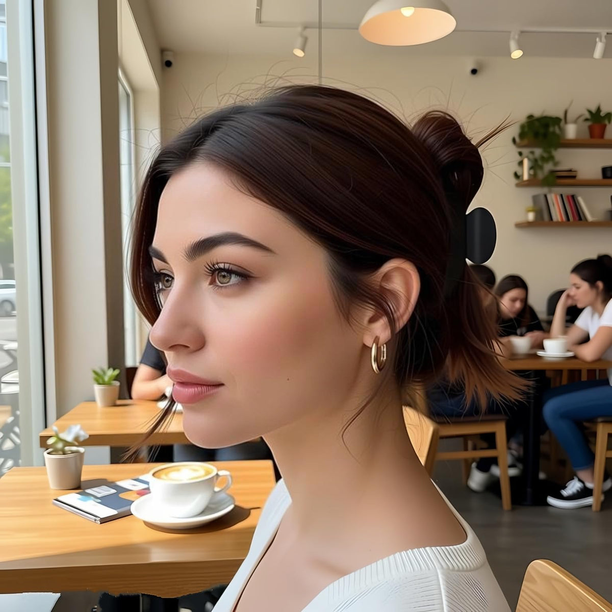 Fsmiling lifestyle image with cafe outfit showing chic accessory for everyday looks
