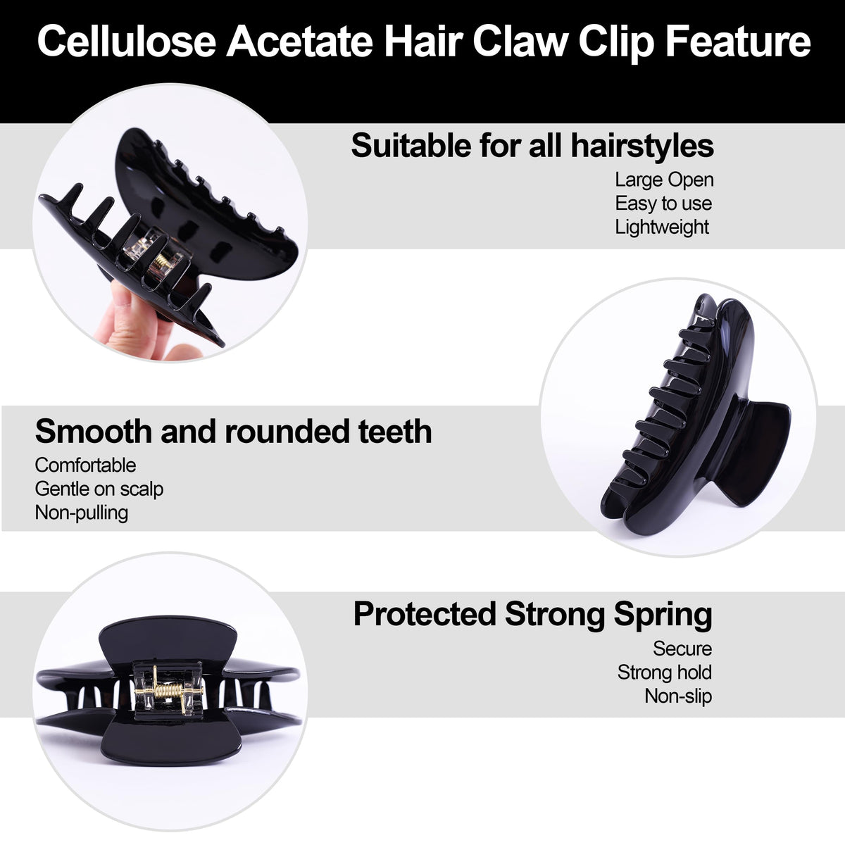 Fsmiling size shown in hand to illustrate large jaw capacity for thick hair