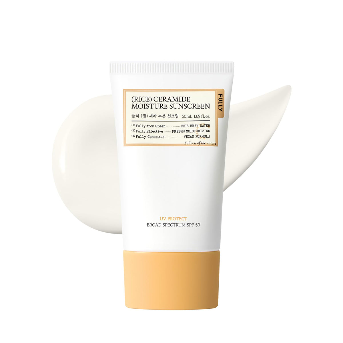 FULLY front packaging shot showing tube and label with SPF 50 protection benefit