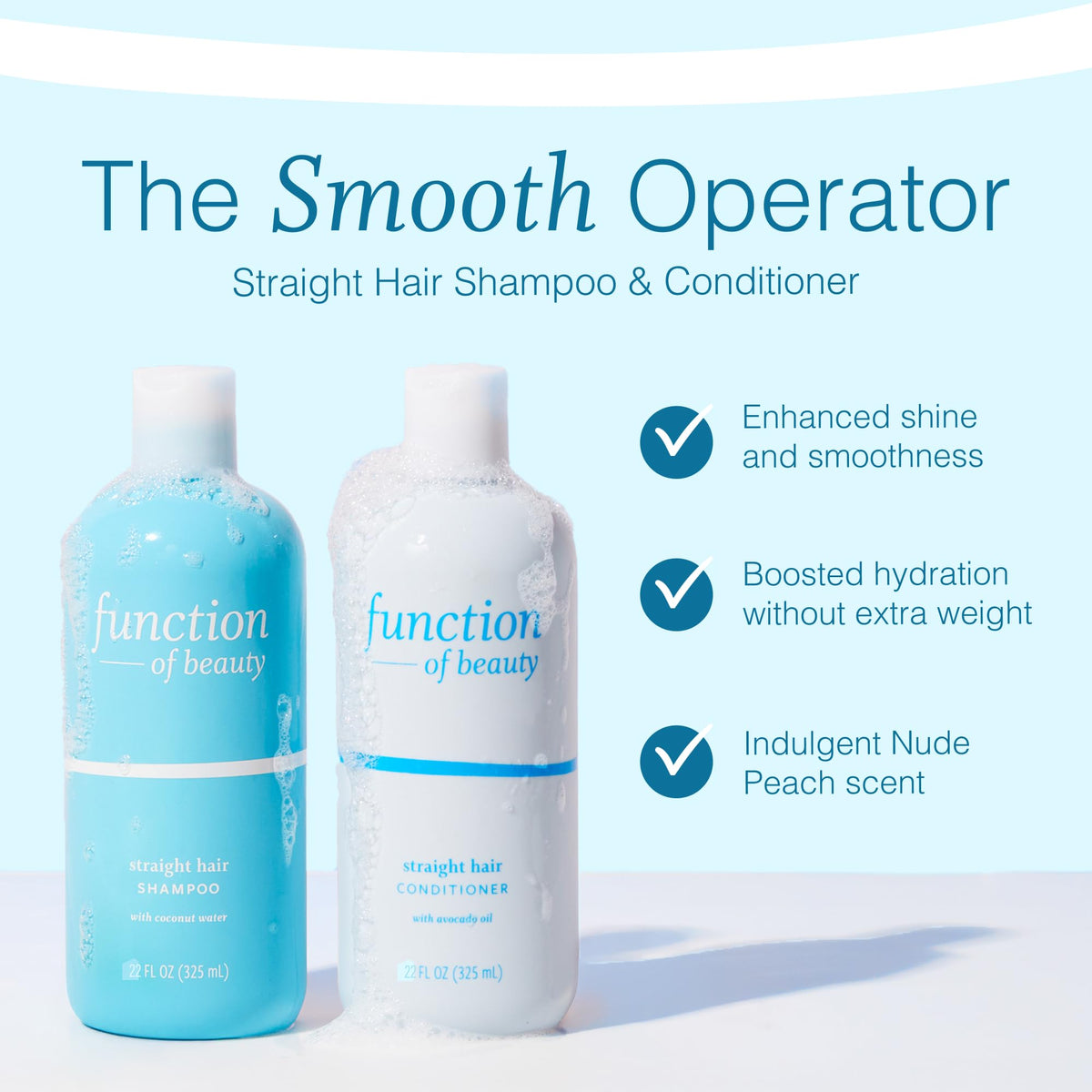Function of Beauty shampoo bottle closeup highlighting label and lightweight hydration benefit