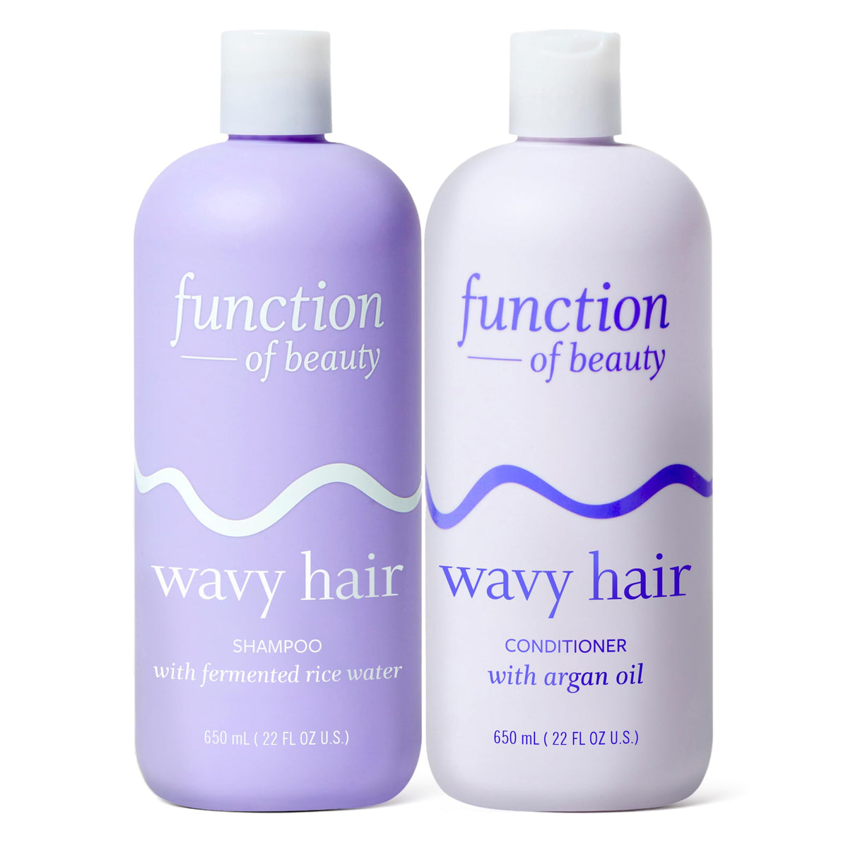 Function of Beauty front packaging showing 22 oz wavy shampoo and conditioner, highlights long-lasting value