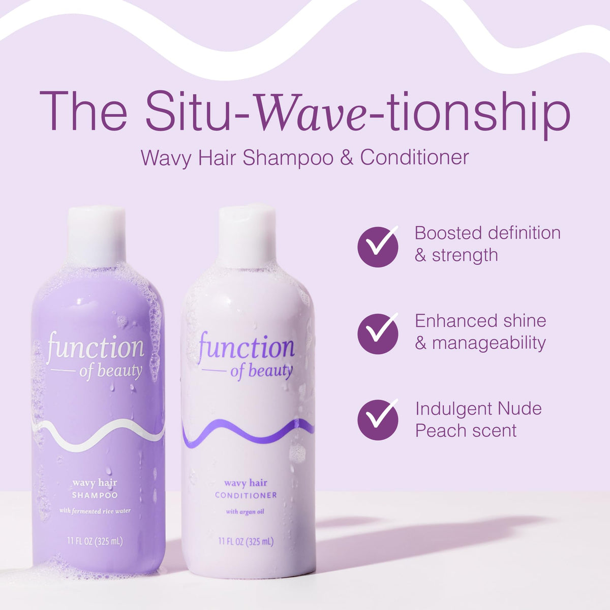 Function of Beauty bottle close-up label highlighting wavy hair formula