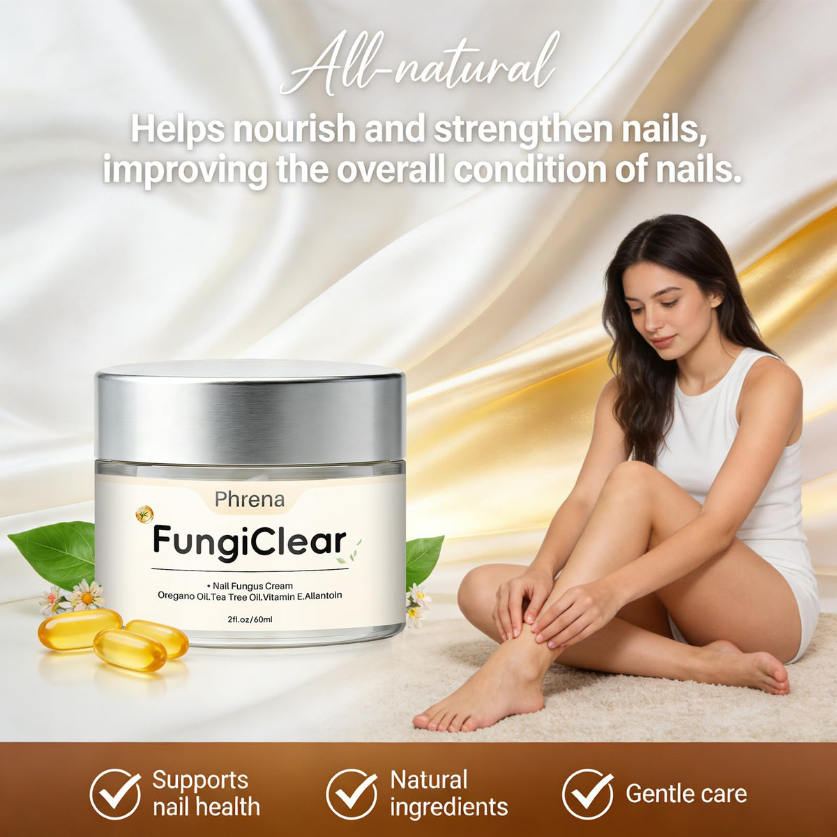 FungiClear ingredient label close-up showing tea tree and vitamin E benefit