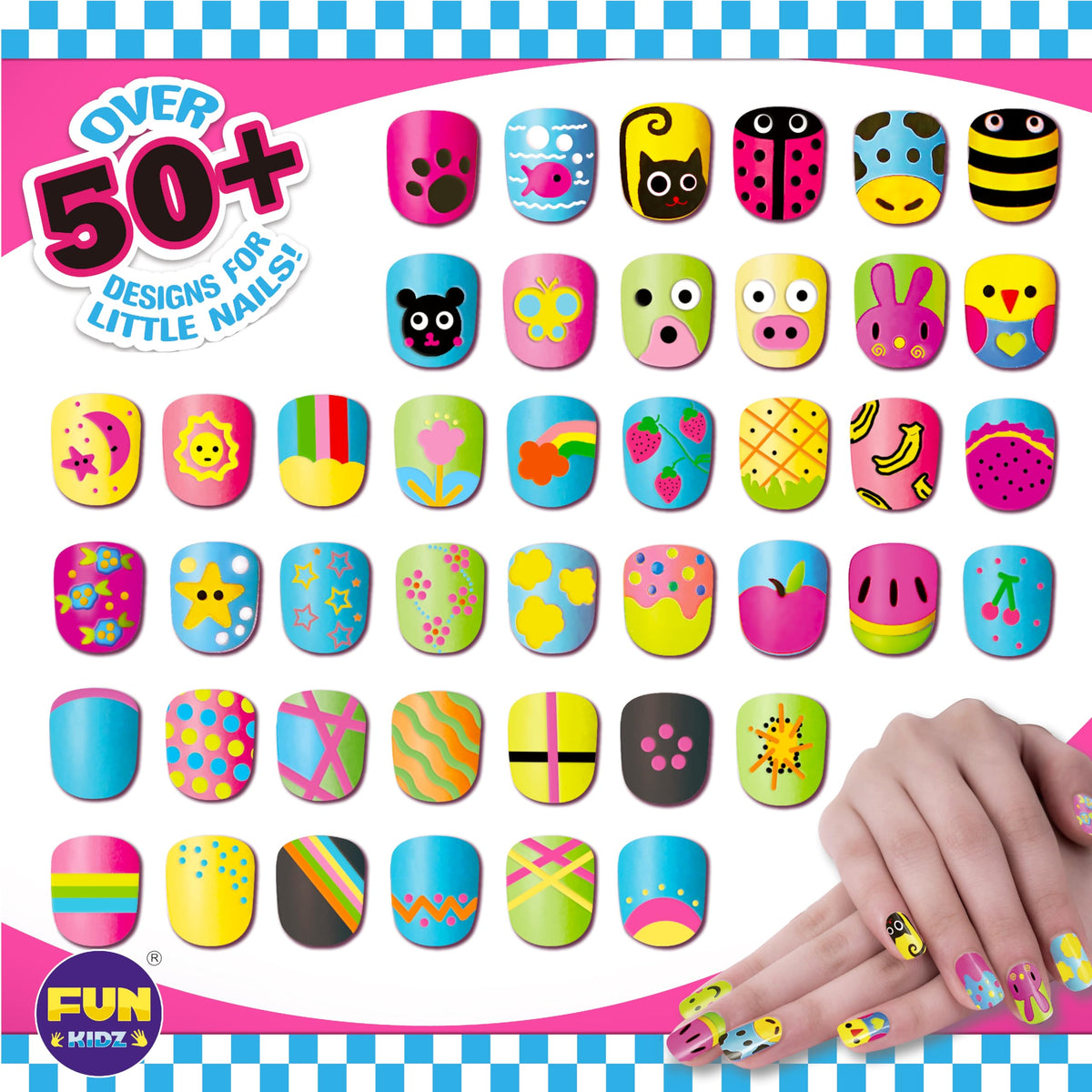 FUN KIDZ fake nails arrangement demonstrating quick press-on options and variety