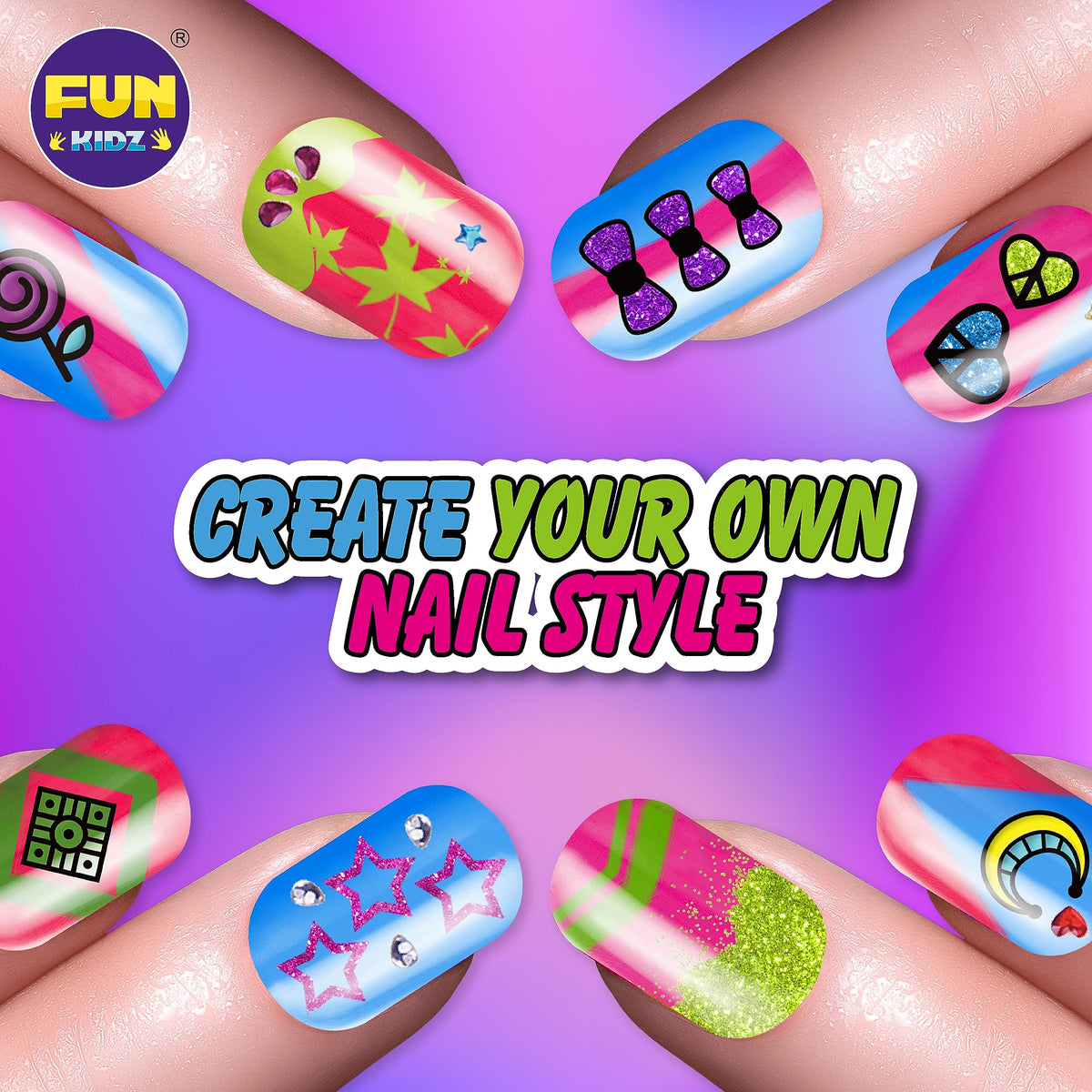 FUN KIDZ nail design demo on fingers showing vibrant temporary results