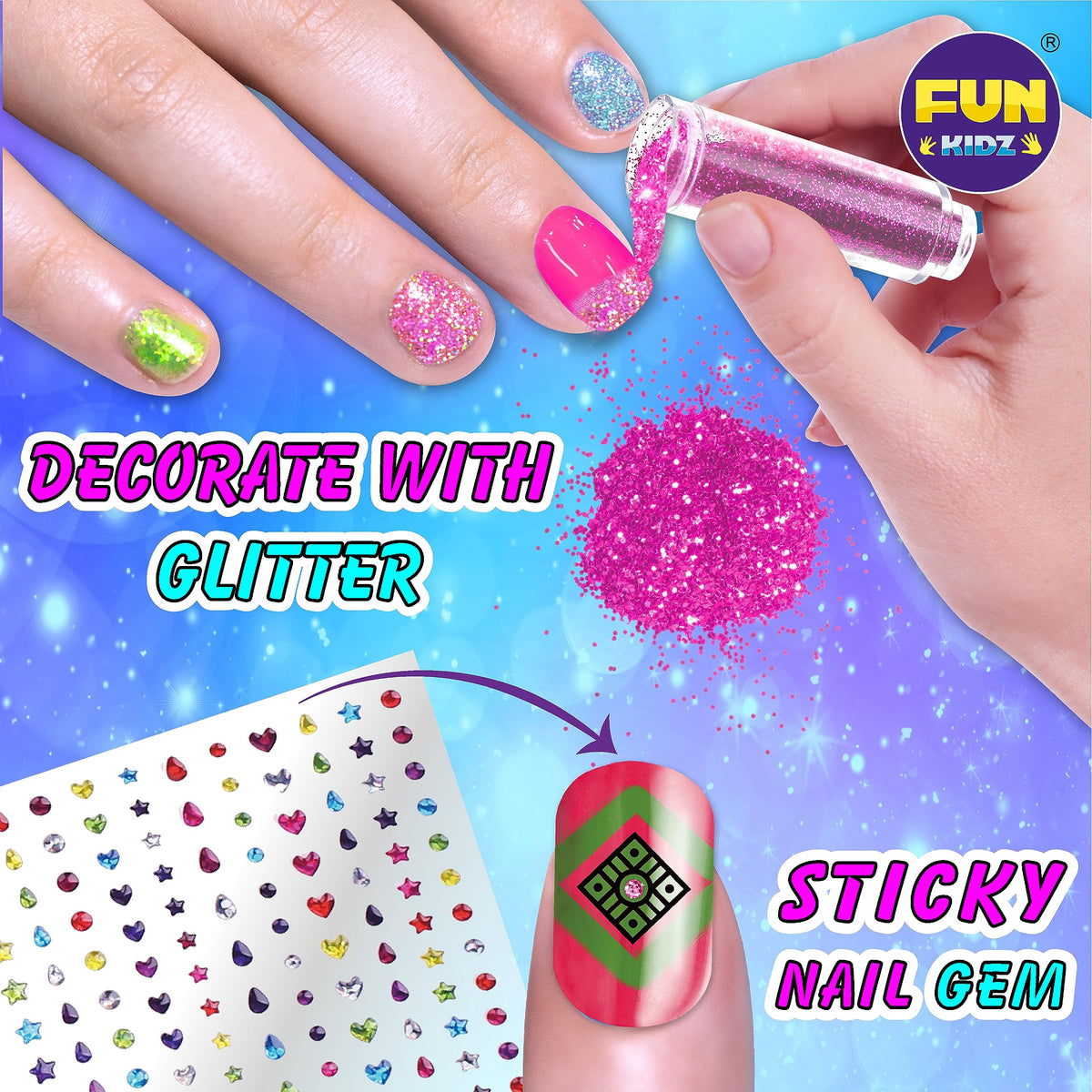 FUN KIDZ stickers and tools arranged to show added decorating options