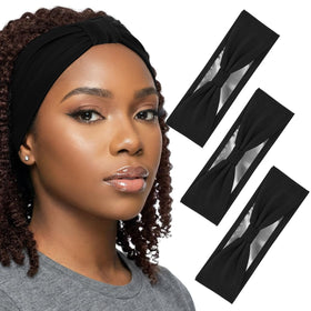Funnysoft front view of three black headbands showing neat shape and classic style benefit