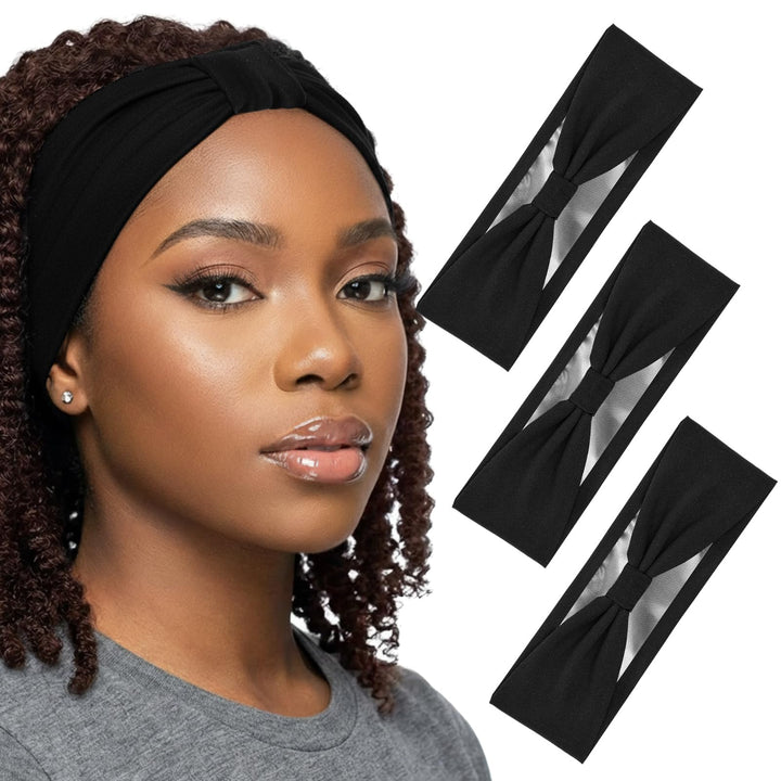 Funnysoft front view of three black headbands showing neat shape and classic style benefit