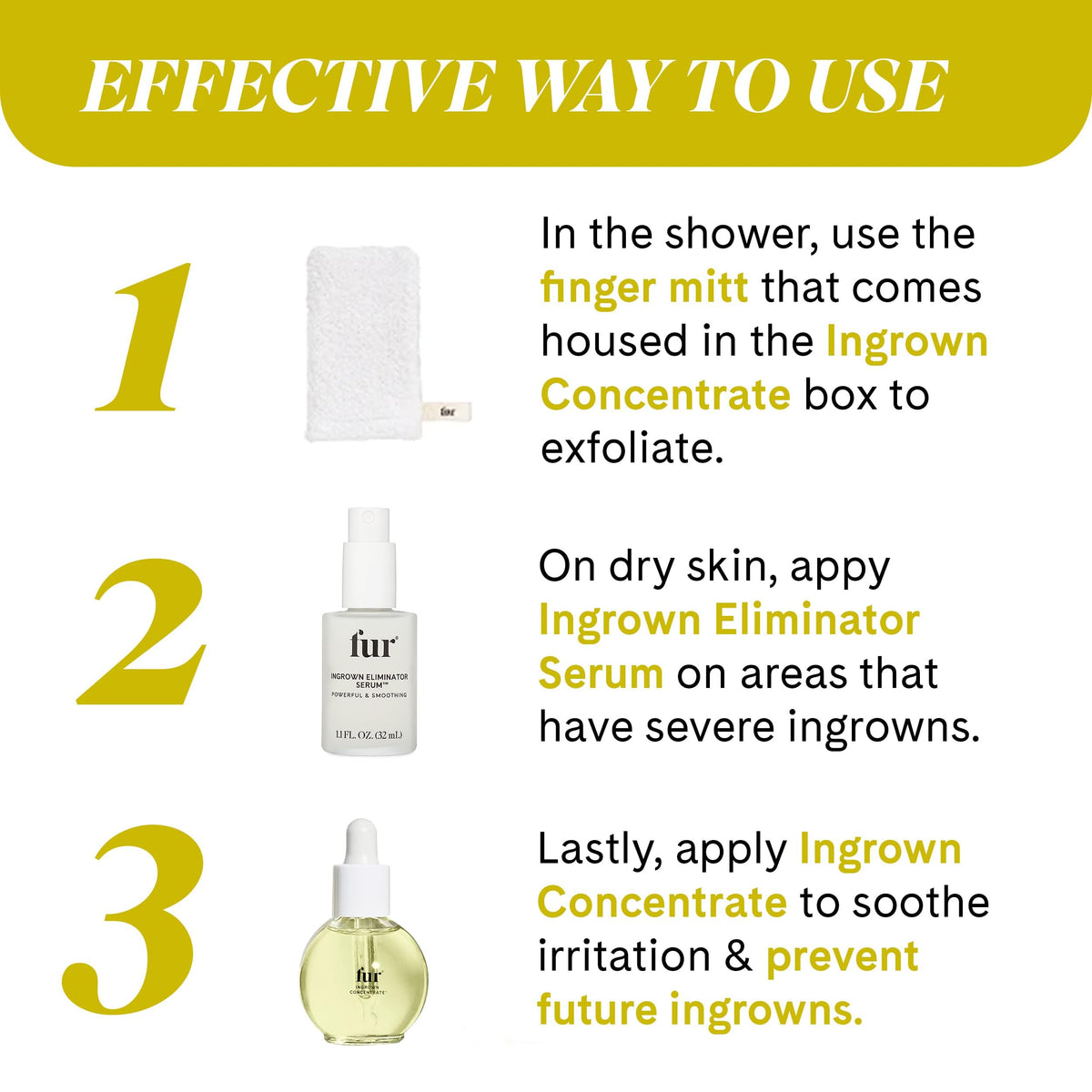 Fur applied to bikini area for targeted ingrown prevention and calming