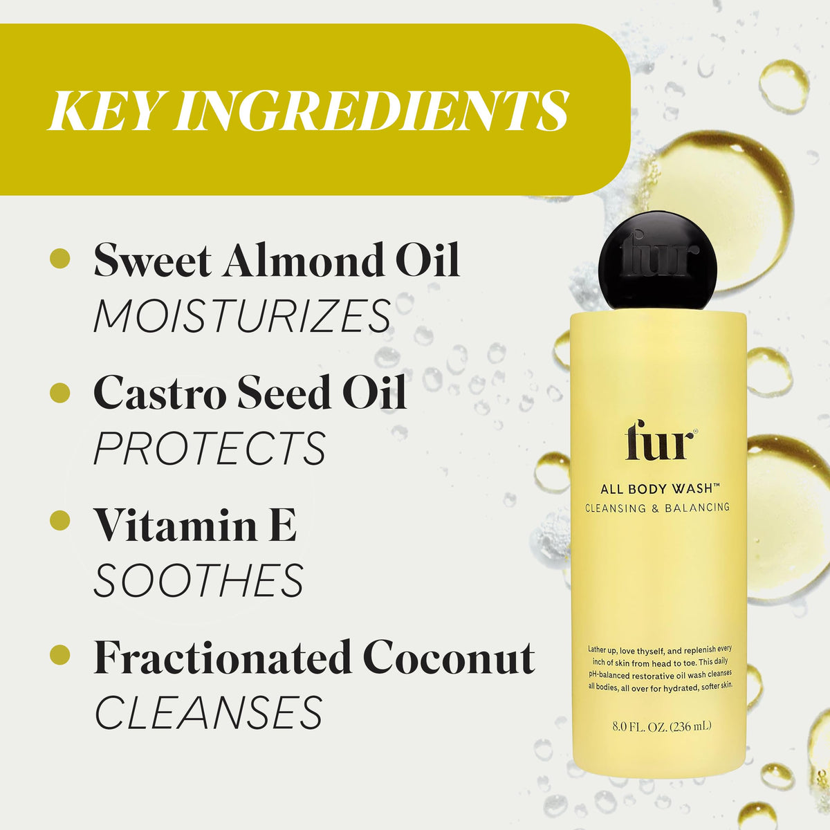 Fur bottle on shower shelf in use illustrating head-to-toe cleansing