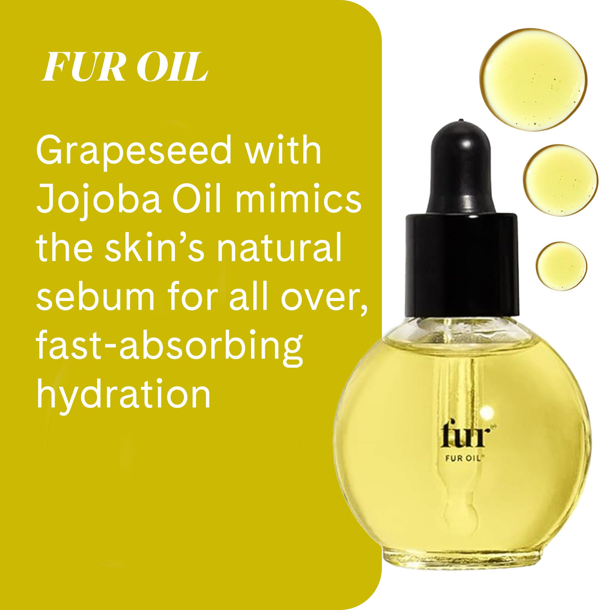 Fur oil with jojoba and grape seed visuals showing nourishing ingredient benefit