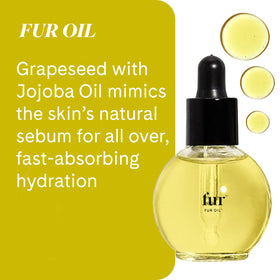 Fur oil with jojoba and grape seed visuals showing nourishing ingredient benefit