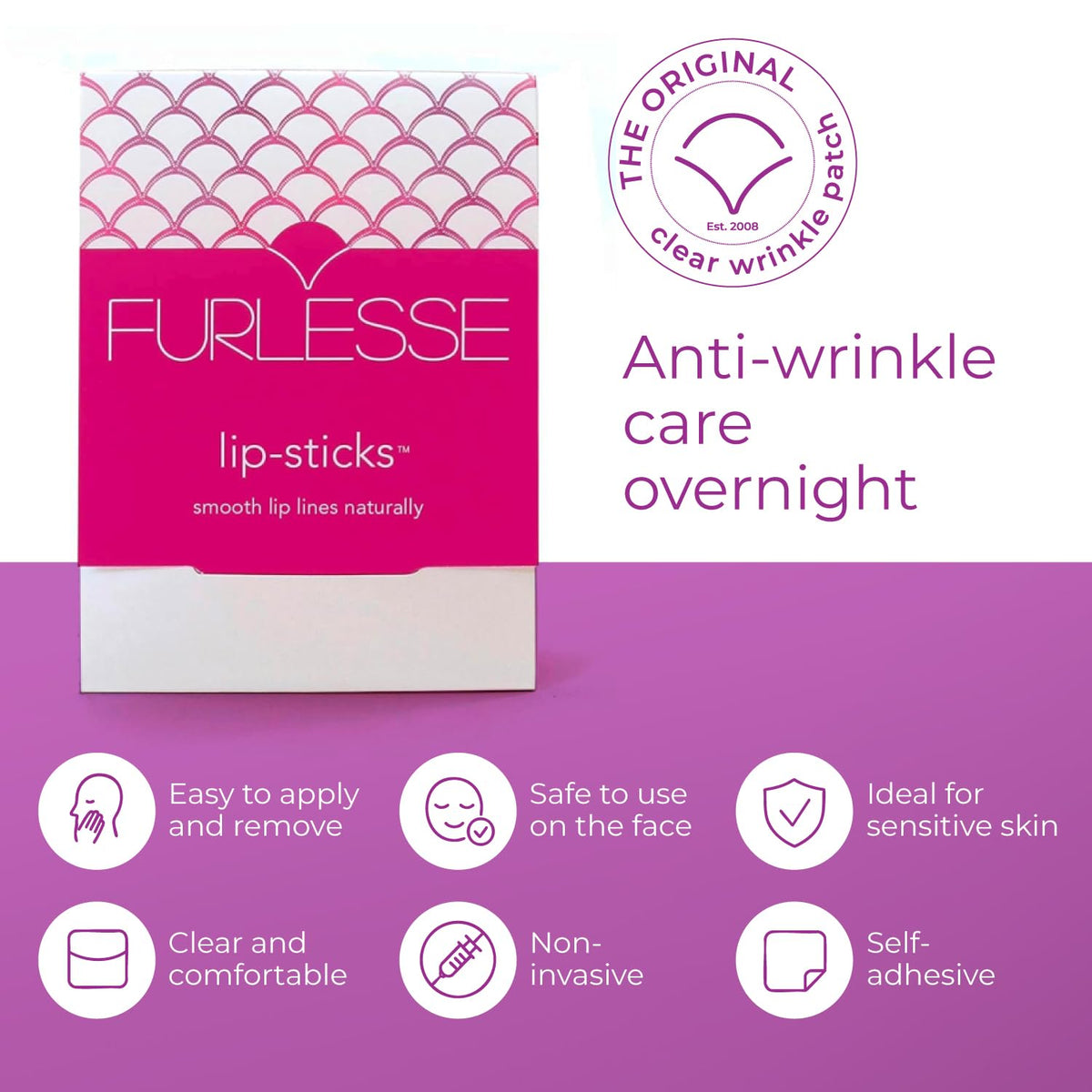 Furlesse patch applied to upper lip demonstrating wrinkle smoothing