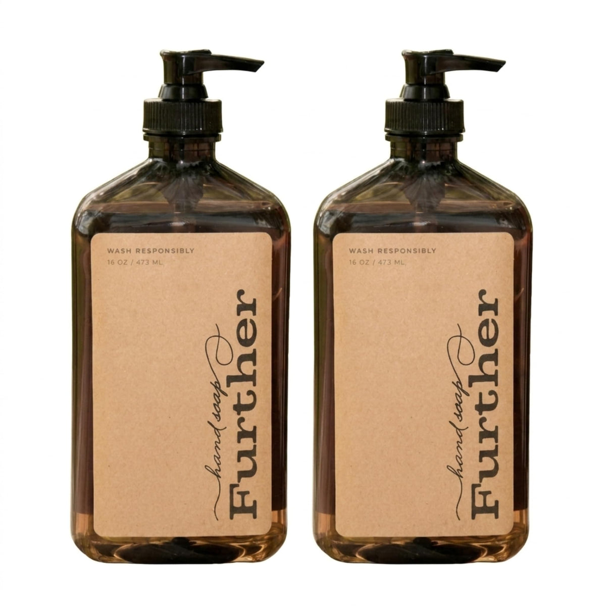 Further soap front packaging showing two 16 oz bottles and sustainable branding benefit