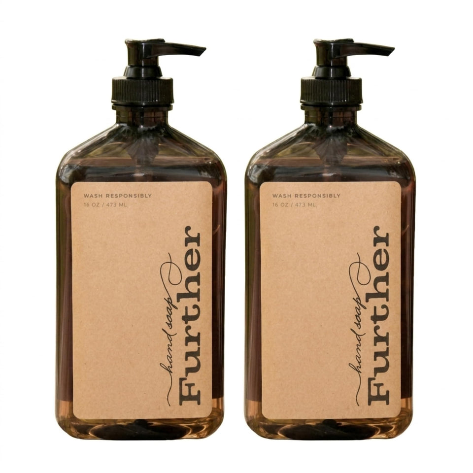 Further soap front packaging showing two 16 oz bottles and sustainable branding benefit