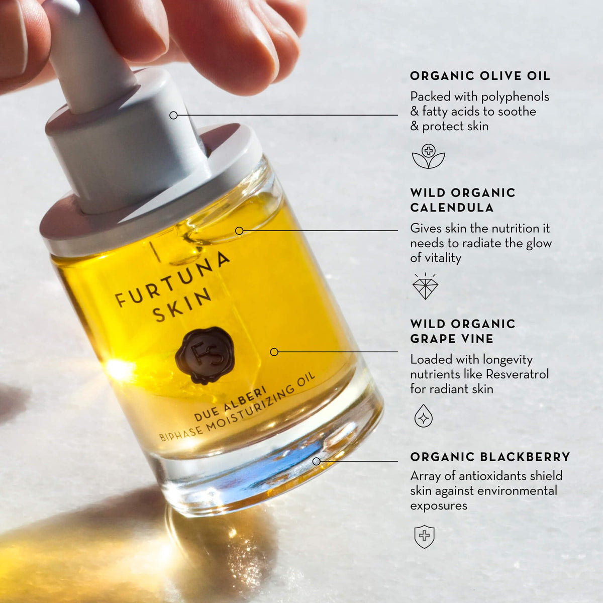 Furtuna Skin oil drop texture closeup demonstrating lightweight, non-greasy feel